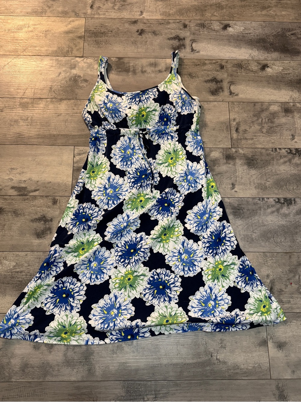 Denver Hayes Floral A-Line Sundress with Built In Bra, Navy, Lime, White, Sz XL